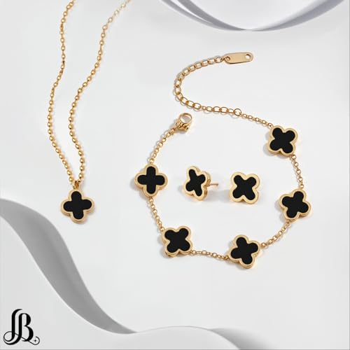 Clover Necklace Pendant Earring Bracelet Set | Designer Necklace Earring Bracelet Jewelry Set | Lovely Gift - color: Black