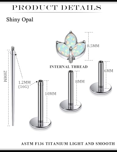 16G Astm F136 Titanium Internal Thread Flat Back Earrings Nose Studs Tragus Forward Helix Conch Cartilage Lobe Earrings Stud Medusa Labret Monroe Lip Ring Piercing Jewelry For Women Men - size: 16G--Style J-Opal