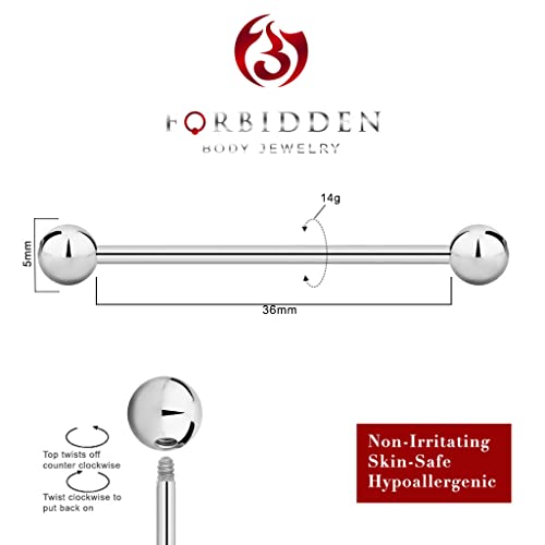 Forbidden Body Jewelry nipple barbell, nipple bars, silver nipplerings piercing Surgical Steel 8g - 18g Straight Barbell Body Jewelry (Sold Individually) - style: 14G 36mm (1 7/16") 5mm Balls