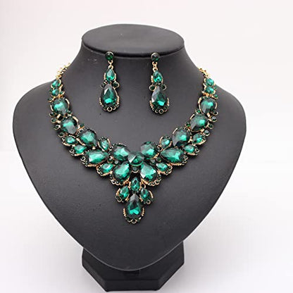 Women's Wedding Bridal Austrian Crystal Glass Teardrop Statement Necklace Dangle Earrings Bracelet Ring Wedding Party Jewelry Set for Bridal Bridesmaid - color: Green-Gold Plated