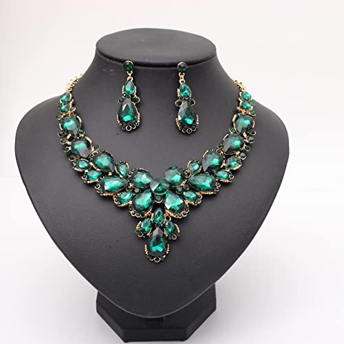 Women's Wedding Bridal Austrian Crystal Glass Teardrop Statement Necklace Dangle Earrings Bracelet Ring Wedding Party Jewelry Set for Bridal Bridesmaid - color: Green-Gold Plated