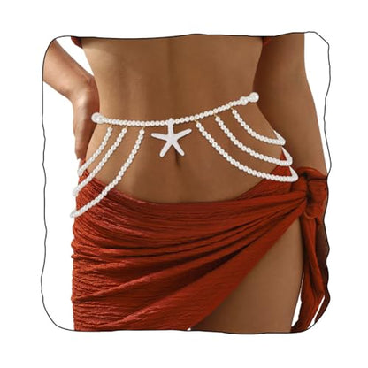Florry Pearl Waist Chain Seashell Starfish Belly Chain Layered Waist Body Chains Summer Beach Party Club Body Accessories Jewelry for Women - color: Big Starfish