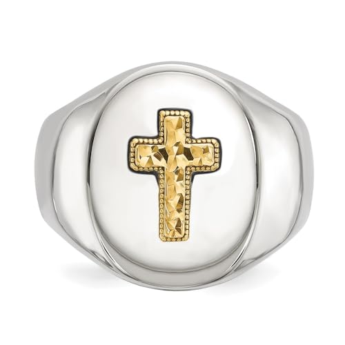 Stainless Steel Polished with Diamond-cut 14K Gold Accent Cross Oval Signet Ring Size 9 to 11