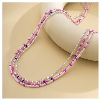 3Pcs/Set Boho Elastic Beads Waist Chains Jewelry Summer Beach Seed Beaded Belly Chain Jewelry Bikini Sexy Bead Waist Body Jewelry for Women - color: Pink