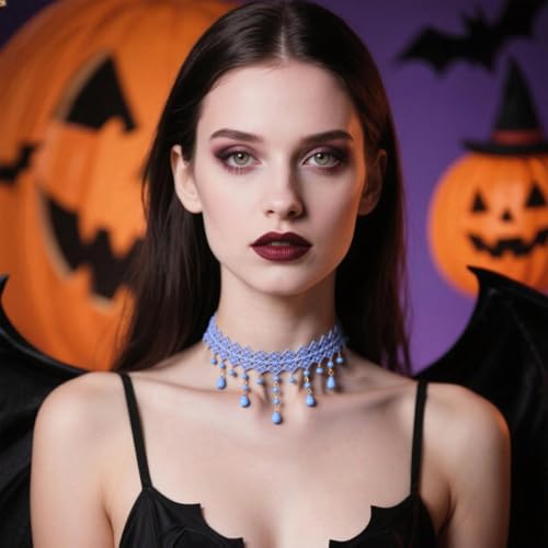 Gothic Necklace for Women Goth Lace Necklace Choker Halloween Witch Accessories Velvet Vampire Jewelry - color: Blue