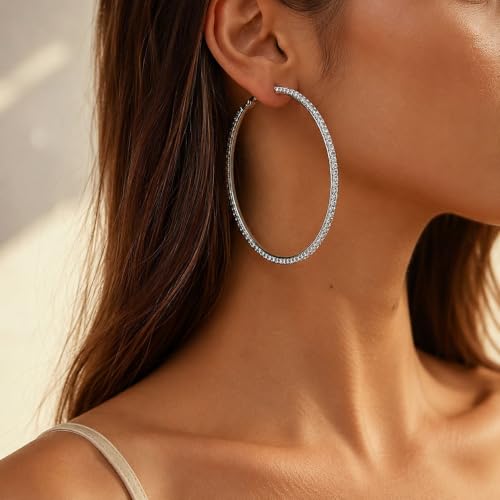 Big Chunky Gold Hoop Earrings for Women Beaded Large Statement Earrings Lightweight Fashion Jewelry Daily Wear Party Gift - color: D1:silver hoop 8cm