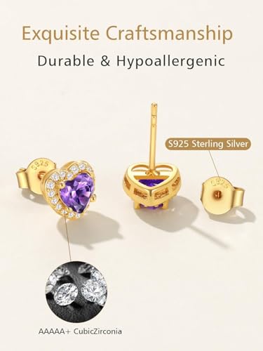FindChic Birthstone Earrings for Women, Round/Heart/Square/Teardrop Earrings with 925 Sterling Silver Posts & Push Backs, Hypoallergenic Studs with Cubic Zirconia, 12 Months Jewelry with Gift Box - style: 03. March-Aquamarine (Heart-Gold)