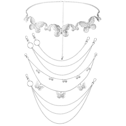 Jadive 5 Pieces Belt Chain Jeans Pants Pocket Waist Multi-Layer Hip Hop Metal Wallet Chain for Men Women - style: Cute Butterfly, Silver