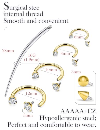 16g Septum Rings Internally Threaded Surgical Steel Septum Jewelry Lip Rings Hoop Labret Jewelry Horseshoe Earrings Daith Piercing Jewelry for Women Men 6mm 8mm 10mm 12mm Silver Gold - color: 16G-Gold tone-Nose septum Earring Lip hoop