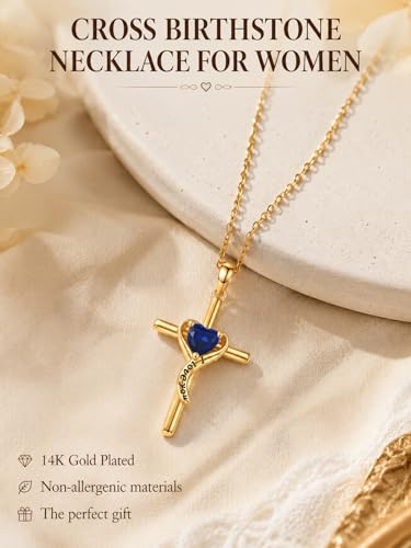 14K Gold Cross Necklace for Women Dainty Birthstone Pendant | Heart I Love You Romantic Jewelry Anniversary Christian Religious Baptism Birthday Gifts with 18"+2" Adjustable Chain - color: 14K Gold-09-Sep Birthstone