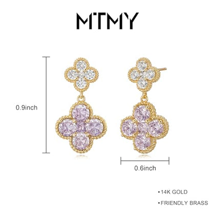 MTMY Dangle Earrings for Women 14K Gold Plated Four Leaf Clover Dangling Drop Birthstone Stud Earrings Trendy Flower Birthstone Jewelry Birthday Gifts - style: Jun.-Alexandrite
