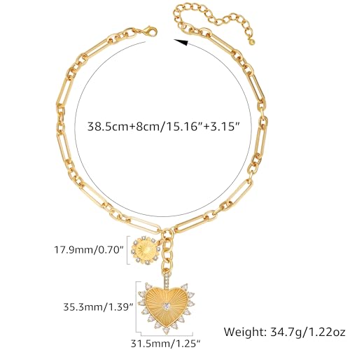 Chunky Gold Necklace for Women, 18K Waterproof Heart Necklace Statement Necklace Gold Charm Necklace Chunky Jewelry Paperclip Chain Choker Gift for Women - style: Gold Sun Heart