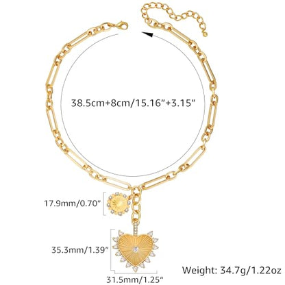 Chunky Gold Necklace for Women, 18K Waterproof Heart Necklace Statement Necklace Gold Charm Necklace Chunky Jewelry Paperclip Chain Choker Gift for Women - style: Gold Sun Heart