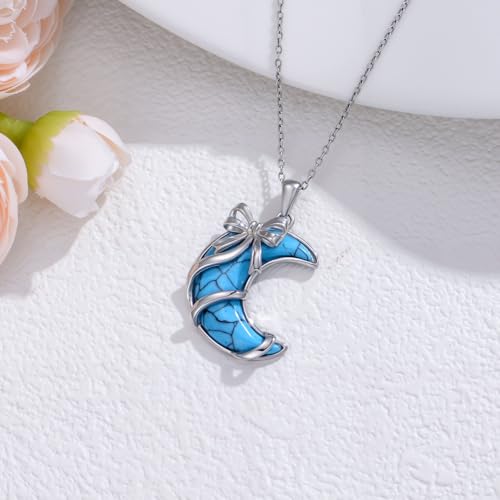 925 Sterling Silver Turquoise Moon Pendant Necklace for Women, Snake/Flower/Bow/Tree of Life/Star Moon Necklace, Dainty Jewelry for Daily Wear & Gifts - style: Style 3