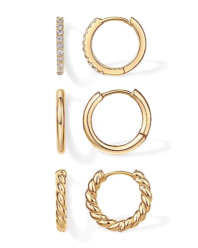PAVOI Gold Hoop Earrings for Women - 14K-18K Yellow Gold Plated 925 Sterling Silver - Hypoallergenic 3-Pair Small Hoop Earings Set with Cubic Zirconia - Rope Teardrop & Chunky Huggie Styles Earscape Piercings - style: Cubic Zirconia