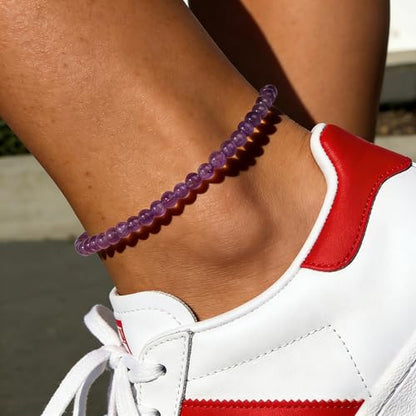 Natural Stone Beaded Anklets for Women, Handmade Boho Clear Quartz 4mm Crystal Beads Anklet, Gold Chain Adjustable Ankles Bracelet, Beach Summer Jewelry Gemstone Foot Bracelet Gift - color: Amethyst