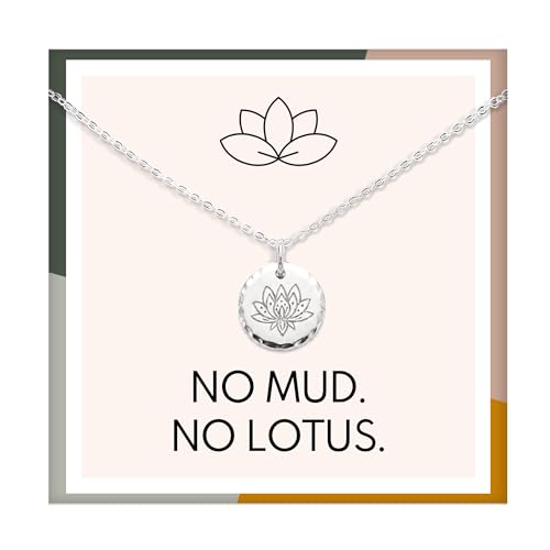 HOPE LOVE SHINE Women's New Beginnings Necklace - 14k Gold Plated Sterling Silver, Healing & Recovery Gift, Adjustable 16+2" Chain - color: STERLING SILVER, style: d. NO MUD NO LOTUS