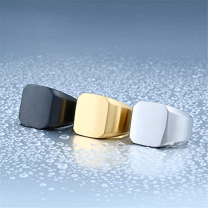HIJONES Mens Stainless Steel Signet Ring Matte Brushed Square | Simple Statement ,Wedding Band,Polished Round - color: Square-Gold