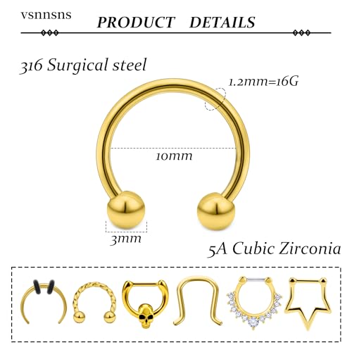 Vsnnsns 16G Septum Rings Piercing Jewelry 316L Stainless Surgical Steel Skull Flower Dangle Clicker Horseshoe Septum Nose Rings Hoop Piercing Jewelry for Women Men Silver Black Rose Gold 10mm - color: 14k Gold Filled