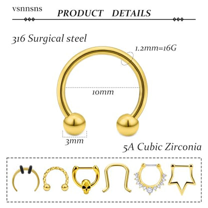Vsnnsns 16G Septum Rings Piercing Jewelry 316L Stainless Surgical Steel Skull Flower Dangle Clicker Horseshoe Septum Nose Rings Hoop Piercing Jewelry for Women Men Silver Black Rose Gold 10mm - color: 14k Gold Filled