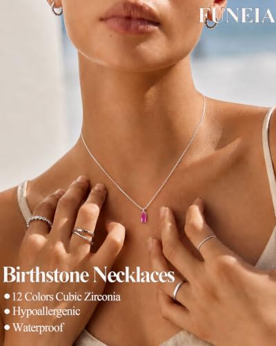 FUNEIA Diamond Necklaces for Women 14K Gold Plated Emerald Birthstone Necklace for Women Mothers Dainty Gold Necklace Blue Green Cubic Zirconia Pendant Necklace Birthday Gifts for Women Jewelry - color: 07. July(Ruby)-Silver