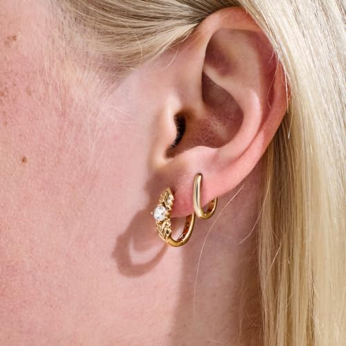 JINEAR 2 Pairs Gold Hoop Earrings for Women Dainty Huggie Earrings Set | 14K Gold Plated Cubic Zirconia Hypoallergenic Lightweight Waterproof Cartilage Hoop Earrings Trendy Jewelry Gift - color: Feather Zircon&Pockets