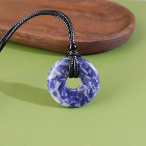 FANASY Natural Gemstone Pendant Necklce Lucky Coin Crystal Necklace Protection Donut Pendnat with Adjustable Rope for Men Women - color: Blue Spot Jasper