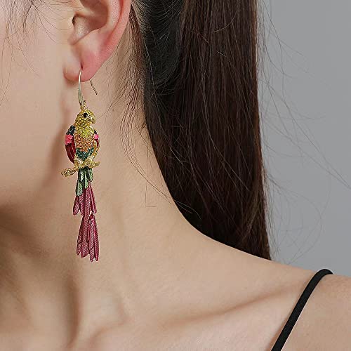 Rhinestone Parrot Bird Dangle Earrings for Women Girls Colorful Crystal Pink Feather Statement Drop Fish Hook Dangling Stud Lightweight Boho Carnival Holiday Prom Party Jewelry Gifts Souvenirs