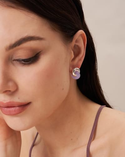 Small Twist Interlock Chunky 18K gold plated Gemstone Natural Stone (Brown, Green, Pink, White) Statement Earrings for Women by SNGIA, Dainty Love Knot Tiger Eye Amber Jade Tourmaline Bold Handmade Exaggerated Dome Retro Rounded Button Half Ball Trendy Bo