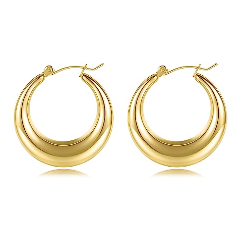 316L Chunky Stainless Steel Hoop Earrings, Fashionable Lightweight Hollow Open Hoops, Hypoallergenic Whtie Gold Plated Pipe Earrings for Women - style: 20mm, Yellow Gold
