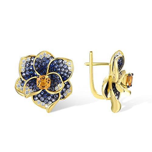 Santuzza Sterling Silver Gemstone Flower Earrings for Women - color: [A] ]Hibiscus-blue