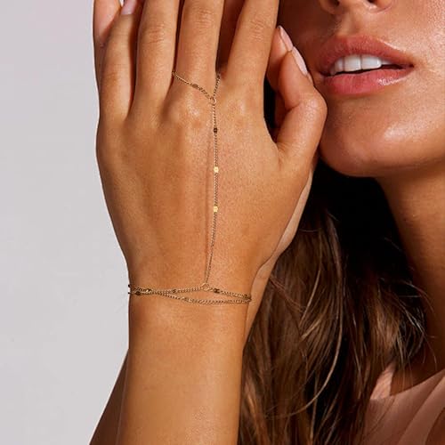 Hand Chain Bracelet Stainless Steel Gold Handchain Bracelets | Non Tarnish Handchain Bracelet for Women Summer Essentials Gold Link Bracelet Beach Waterproof Jewelry - color: Gold Double Layer