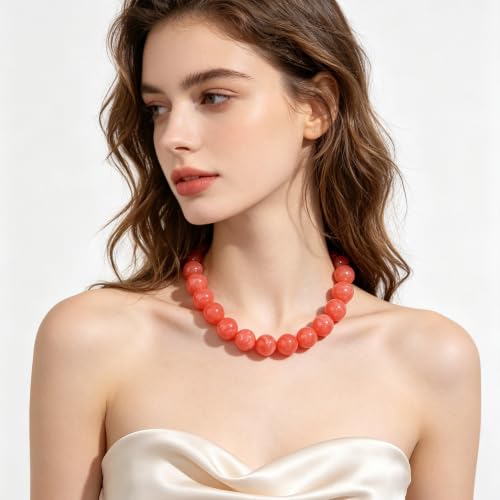 Chunky Beaded Necklace for Women Trendy Boho Collar Statement Necklace Large Round Resin Beads Choker Necklaces Summer Beach Jewelry Gifts - color: Orange Red