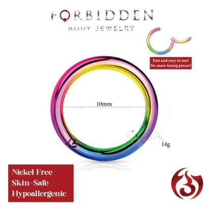 Forbidden Body Jewelry 316L Surgical Steel Hinged Seamless Nose Rings Hoop 14G 16G 18G, Diameter 6mm 8mm 10mm 12mm, Gold/Rose Gold/Silver/Black/Rainbow Colors. - style: 14g 10mm - Rainbow