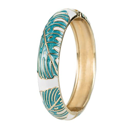 Hawaiian Monstera Luau Leaves Hinged Clasp Fashion Enamel Bangle Bracelet - color: Teal
