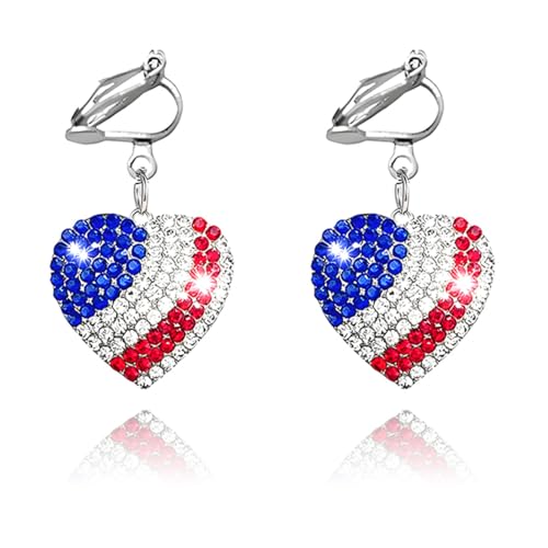 4th of July Independence Day Clip on Earring for Women American Flag Dangle Earrings Patriotic Red White Blue USA Earring, Pave Crystal Stud - color: blue