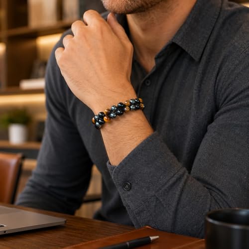 Triple Protection Bracelet for Men Women, Genuine Natural Stone Gemstone Beaded Bracelet, Tiger Eye Black Obsidian Hematite, Healing Crystal Jewelry for Protection, Grounding Energy, Gift-Ready Box