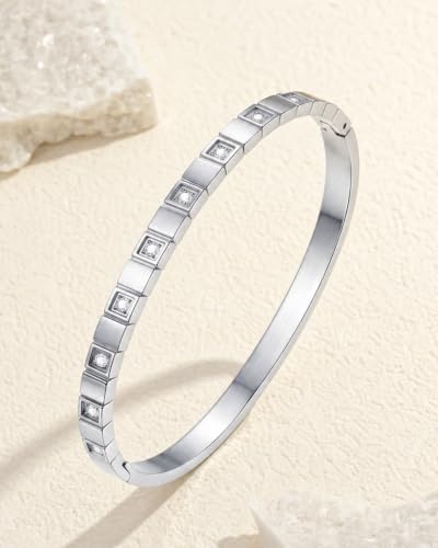 Joo&Rind Gold Bangle Bracelets for Women 18K Gold Plated Stainless Steel Bracelet Oval Hinged Bangles for Small Wrists Non Tarnish Waterproof with Cubic Zirconia Jewelry Gift for Everyday Wear Birthday - color: Square White Zirconia-Silver