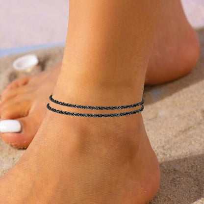 Nanafast Women's Ankle Bracelets, Sparkling Multi-layer Anklet Bracelets for Women, Adjustable Shiny Gold/Silver Anklets for Women, Beach Cute Anklets Jewelry for Summer - color: Black