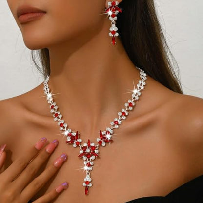 Wedding Jewelry Sets for Brides Rhinestone Necklace and Earring Set Bracelet Ring Gold Silver Prom Jewelry Sets Diamond Flower Teardrop Necklace for Women - color: Style5-Red