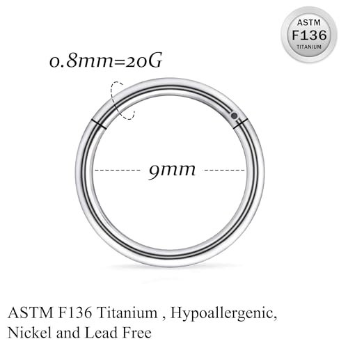 Ruifan 20G Titanium Nose Rings Hoops Septum Rings Nose Clicker Ring Lip Tragus Helix Cartilage Daith Rook Sleeper Earring Body Piercing Jewerly for Women Men 9MM
