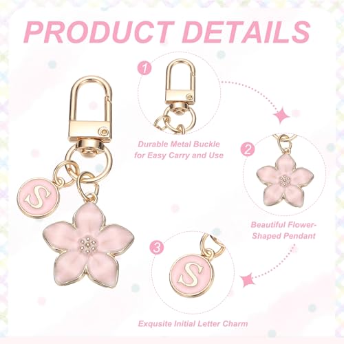 PATIKIL Flower Initial Keychain, Letter Keychain Charm Graceful Flower with Letter for Women Pendant Key - color: Pink
