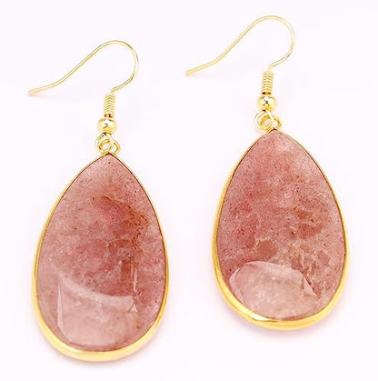 BaubleStar Natural Crystal Healing Stone Earrings Statement Teardrop Dangle Earrings for Women - color: Strawberry