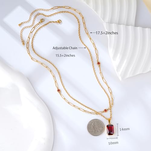 Birthstone Layered Pendant Paperclip Necklace 18k Gold Plated Heart Choker Chain Necklace Emerald Cut Jewelry Birthday Gift for Women - color: Emerald-Cut Ganet