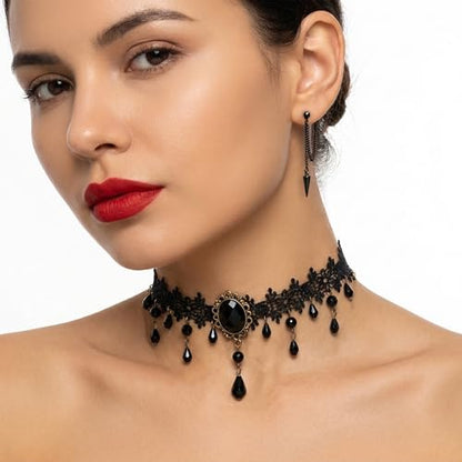 MOSTORY Gothic Accessories for Women, 3 Pcs Blakc Beaded Lace Choker Necklace Dangle Earrings Spike Heart Hoop Earrings Set for Goth Cosplay Witch Aesthetic Renaissance Renfaire Halloween
