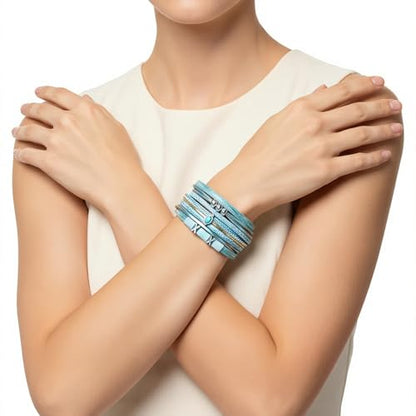 Edoneery Leather Wrap Bracelets for Women, Boho Layered Cuff Bangle | Multi-layer Leather Cuff, Daily wear, Stackable Bangle, Easy on-off, Western Jewelry Gifts for Women - color: Blue-2