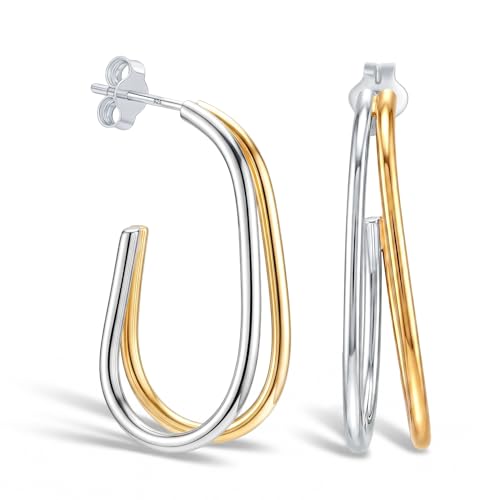 LeCalla Real 925 Sterling Silver C Hoop Earrings | Lightweight Small Hoops Italian Half Earring Hoops for Women - color: Two-Tone Oval Hoops-30mm