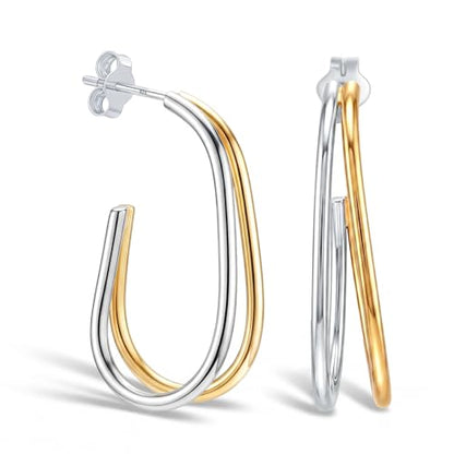 LeCalla Real 925 Sterling Silver C Hoop Earrings | Lightweight Small Hoops Italian Half Earring Hoops for Women - color: Two-Tone Oval Hoops-30mm