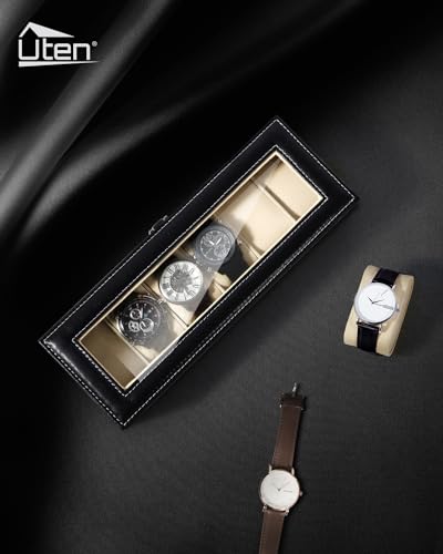 Uten Watch Box 6 Slots, Watch Storage Display with Glass Lid - color: Black + Beige, size: 6 Slots