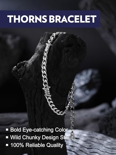Bandmax Barbed Wire Chain Bracelets for Men Women Stainless Steel/Black/Gold Thorn Cuban Link Bracelet Adjustable Punk Emo Style Jewelry Gift - color: 04 5MM-Silver Tone